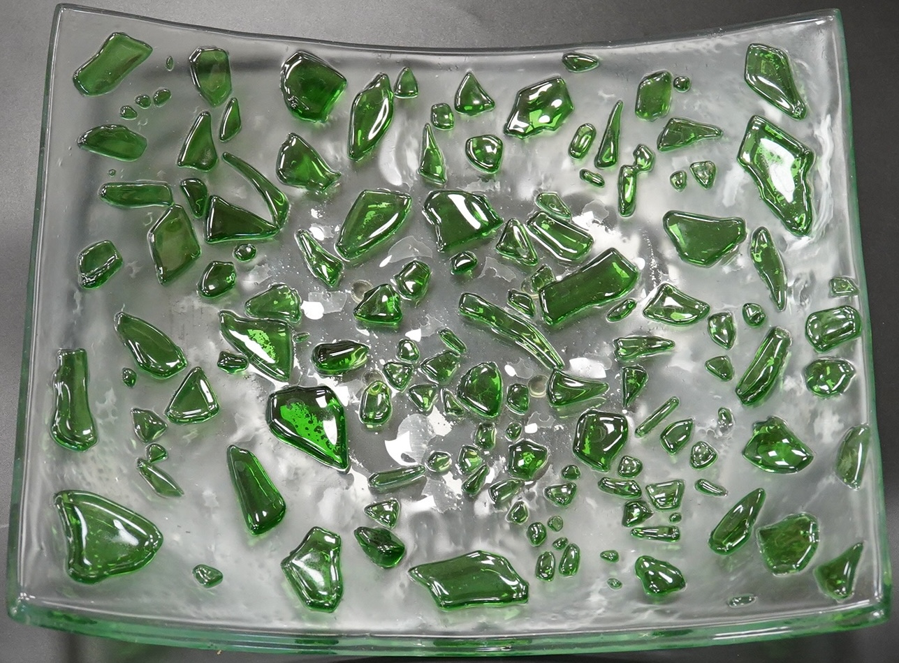 A Mary Canny art glass ‘Green Jewelled platter’, 25cm x 19cm